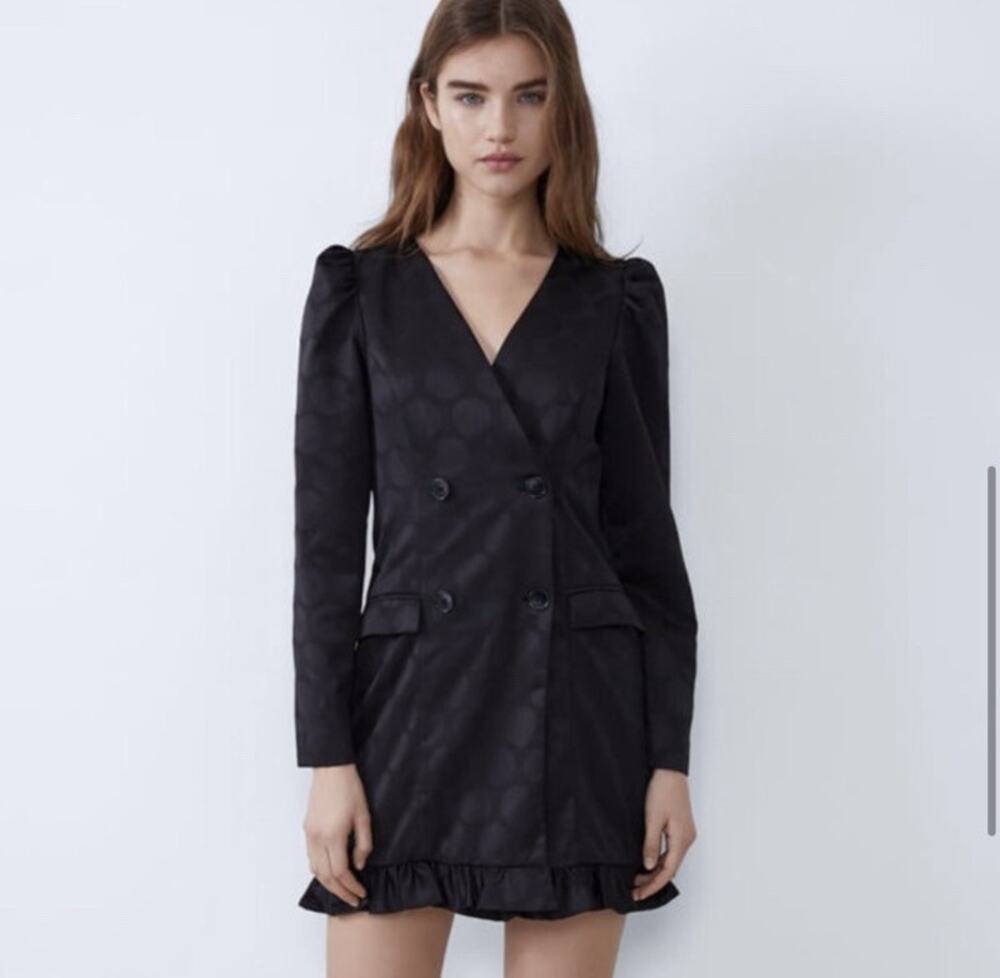 ZARA Jacquard Dot Puff Shoulder Blazer Mini Dress Black Size Small